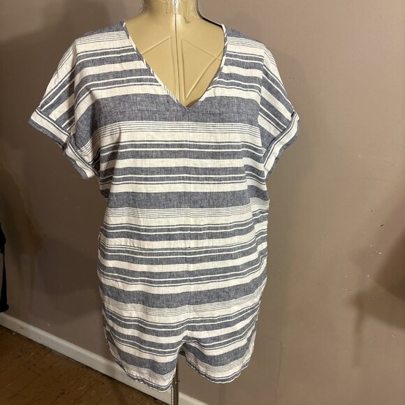 Madewell Romper Blue White Stripes Cuffed Short Sleeves Pockets V Neck Sz L - Picture 1 of 12